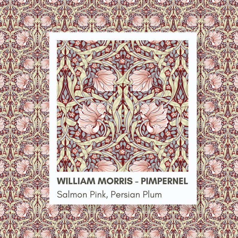 May include: A square graphic print featuring the William Morris Pimpernel pattern in salmon pink, cream, and deep persian plum. The design displays symmetrical floral motifs with intertwined leaves and petals. Text reads: WILLIAM MORRIS - PIMPERNEL Salmon Pink, Persian Plum.