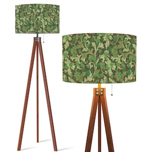 Floor Lamp Wood Tripod - Victorian Dark Green Ivy Pattern on Linen Fabric