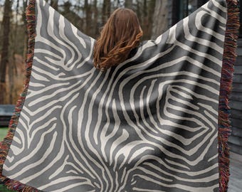 Woven Blanket With Fringe Edge * Zebra Pattern* Pure Cotton