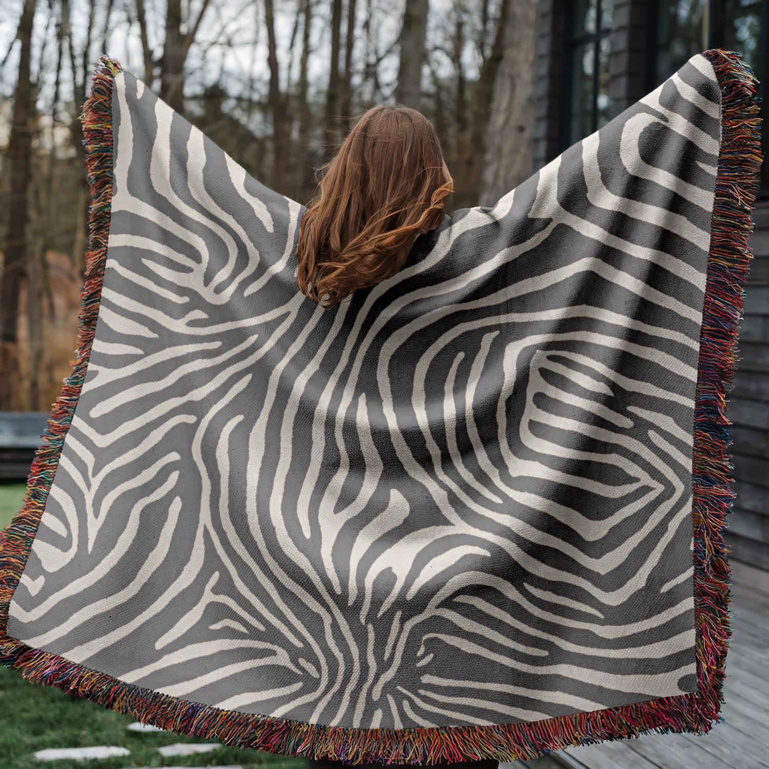 Woven Blanket With Fringe Edge * Zebra Pattern* Pure Cotton