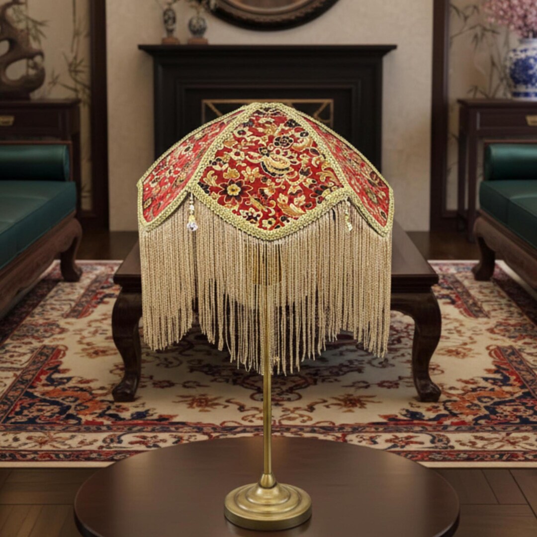 Handmade Lampshade Art Deco Style - Red Silk Jacquard Brocade