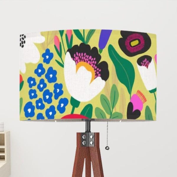Lamp Shade with Ring (Ships from USA) * Mari Floral Bright Limon on Linen Fabric * 17.5" Diameter x 10.2" Height * Large Drum Lampshade