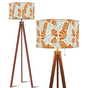 Tripod Floor Lamp (Ships from USA) Burnt Orange & Sage Floral Pattern on Linen Fabric Natural Wood * Lampshade 17.5&quot; Diameter x 10.2&quot; High