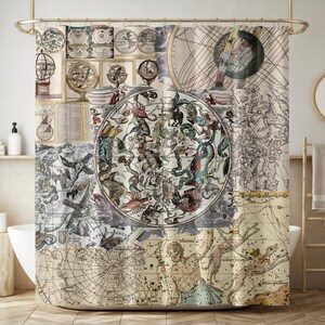 Cortina de ducha * Collage de mapas vintage celestiales * Decoración de diseño antiguo * Baños victorianos * 180 x 188 cm