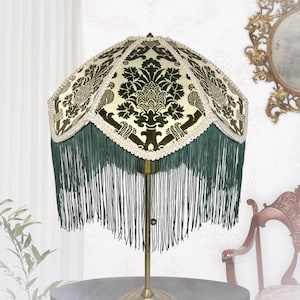 Handmade Lampshade * Art Deco Style * 16th Century Textile Print * Delustered Satin * Dark Green Tassels * Hand Sewn in Melbourne, Australia