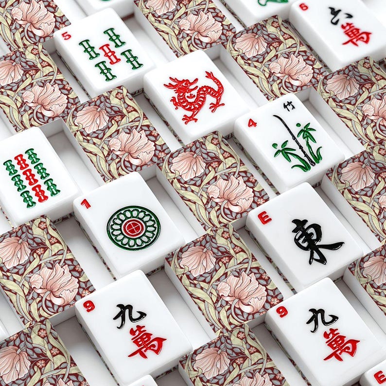 American Mahjong Tiles Set William Morris Pimpernel Pattern Salmon Pink Burgundy image 2