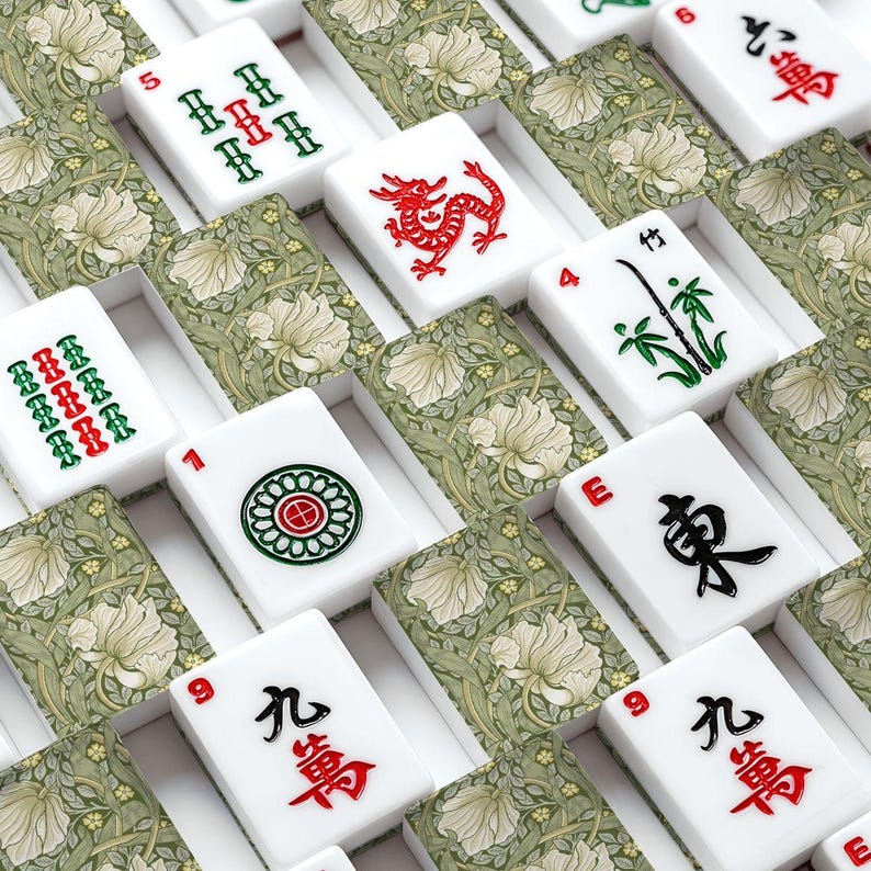Amerikanische Mahjong Fliesen Set William Morris Pimpernel Muster Olive Dunkelgrün Bild 2