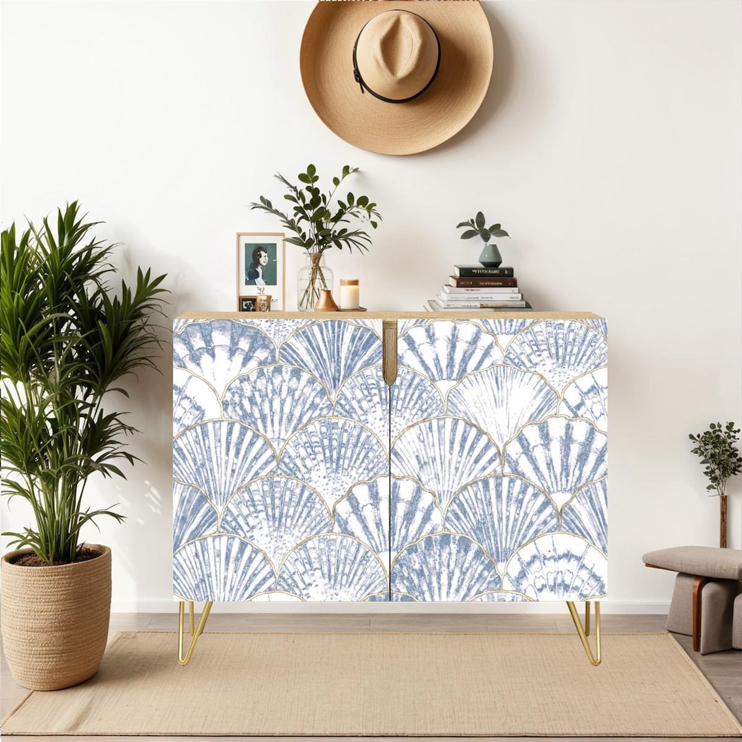 Credenza Cabinet - Art Deco Scallop Shells Coastal Pattern Sideboard ...