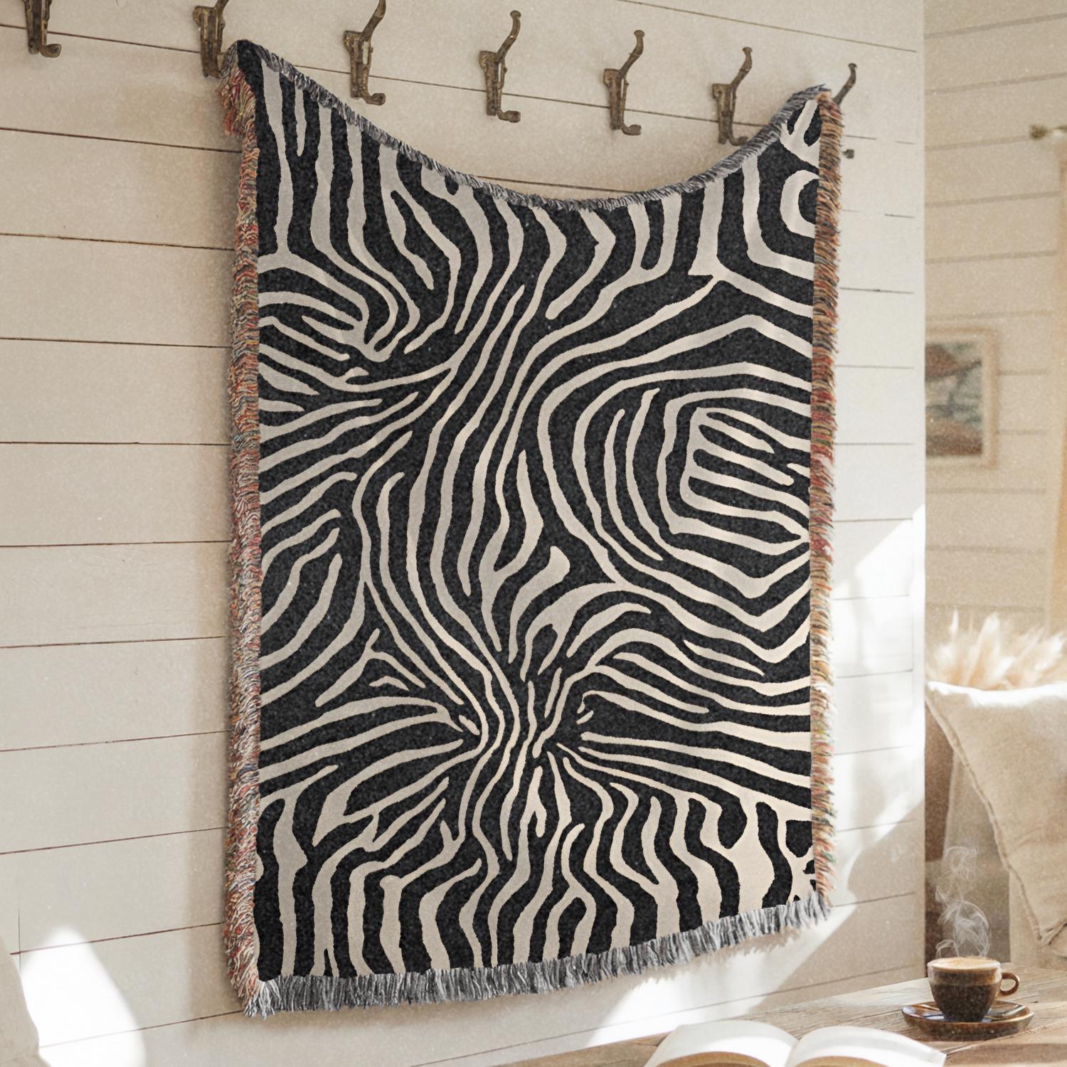 その他 USED FRINGE BLANKET Woven Blanket With Fringe Edge * Zebra Pattern* Pure Cotton