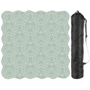 May include: A square mat with scalloped edges featuring a light sage green and white repeating floral damask pattern, accompanied by a black cylindrical carrying bag with a drawstring closure and an adjustable shoulder strap for transport.