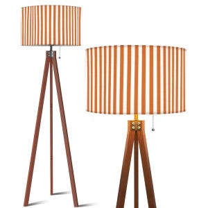 Tripod Floor Lamp (Ships from USA) * Burnt Orange and White Stripes Linen Fabric * Natural Wood * Lampshade 17.5&quot; Diameter x 10.2&quot; Height