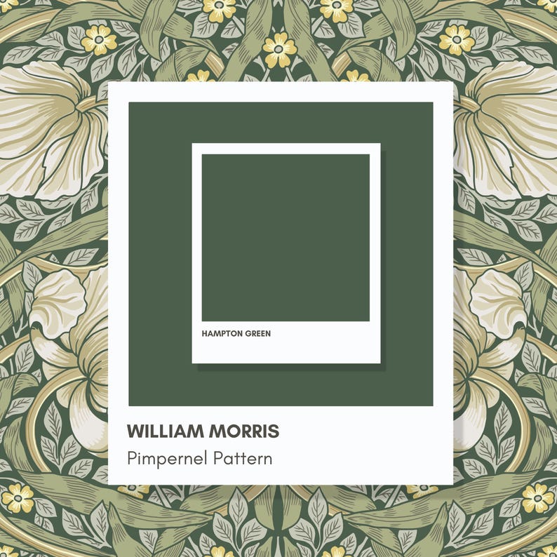 K&ouml;nnte beinhalten: Eine quadratische Grafik mit dem William Morris Pimpernel-Muster aus gr&uuml;nen Bl&auml;ttern und cremefarbenen Bl&uuml;ten. Zentriert ist ein wei&szlig; umrandetes Quadrat mit einem soliden Hampton Green-Block und dem Text Hampton Green, William Morris und Pimpernel Pattern.
