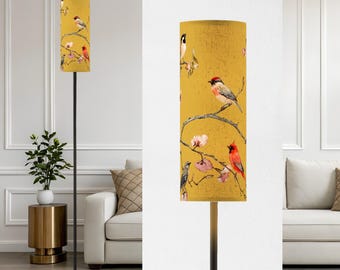 Narrow Floor Lamp with Fabric Lampshade - Chinoiserie Birds on Branches Mustard Yellow