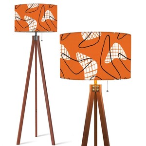 Tripod Floor Lamp (Ships from USA) * MCM Atomic Pattern Dark Orange Linen Fabric * Natural Wood * Lampshade (17.5&quot; Diameter x 10.2&quot; Height)