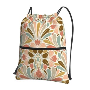 Zipper Drawstring Backpack for Mahjong Game Accessories Storage - Art Nouveau Pattern Dusty Colors