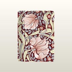 May include: A rectangular print featuring a repeating botanical pattern with large, pale pink flowers, light yellow-green curving leaves, and small orange blossoms set against a deep burgundy background with grey-blue foliage accents.