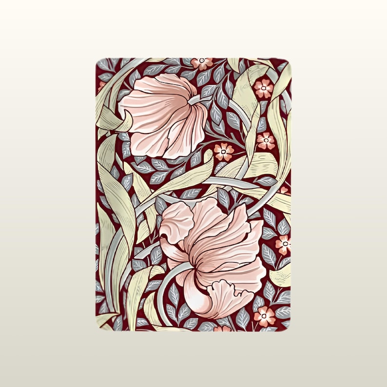 May include: A rectangular print featuring a repeating botanical pattern with large, pale pink flowers, light yellow-green curving leaves, and small orange blossoms set against a deep burgundy background with grey-blue foliage accents.