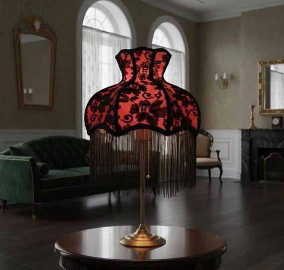 Handmade Lampshade Victorian Style Black Lace Crimson Jacquard