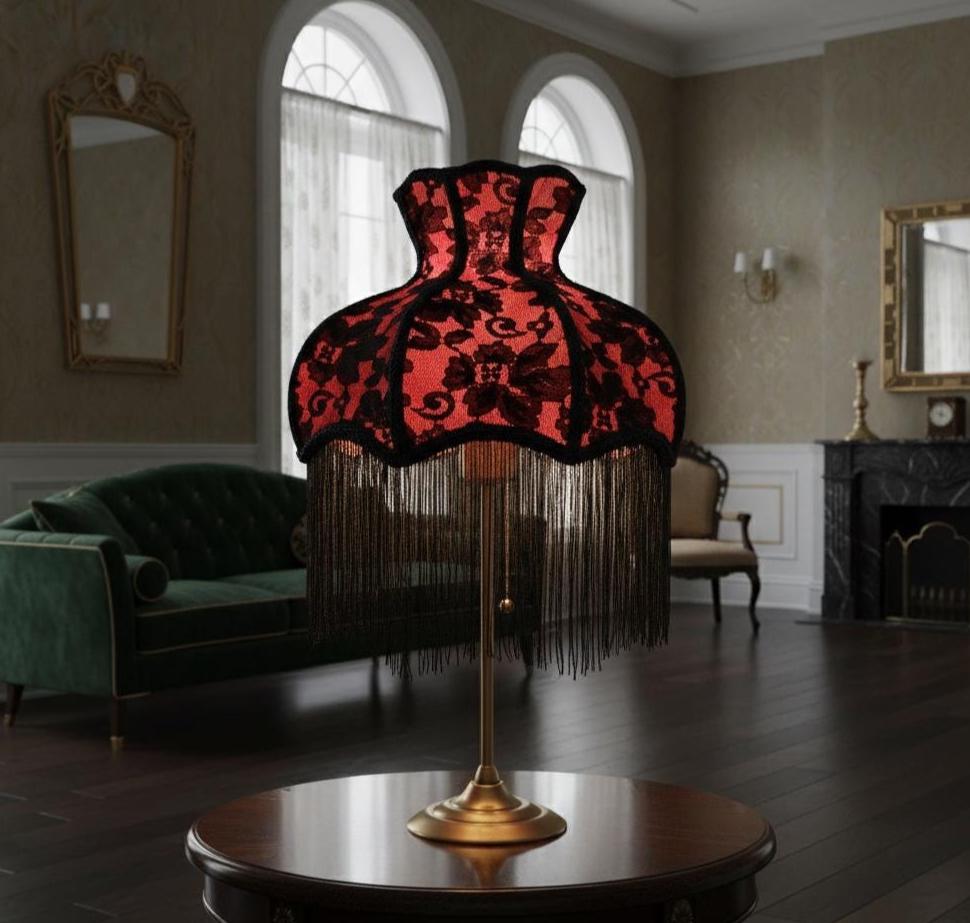 Handmade Lampshade Victorian Style Black Lace Crimson Jacquard