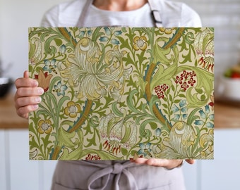 Glass Cutting Board William Morris Golden Lily Pattern - Light Green Ornate Antique Floral