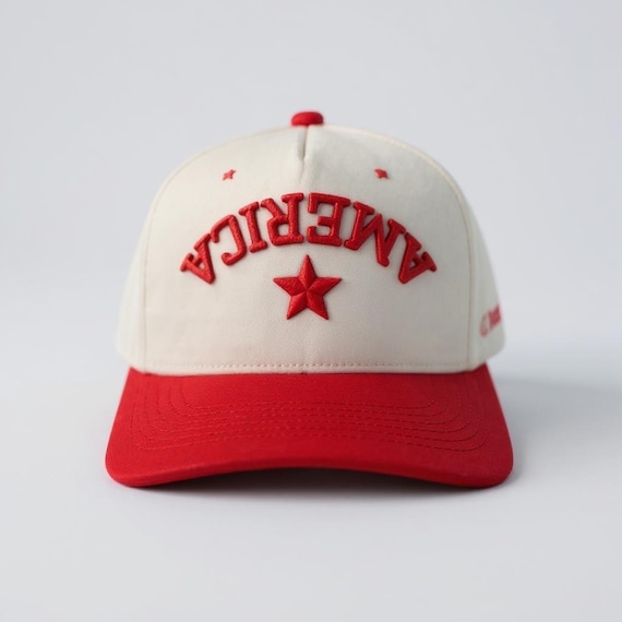 America Backwards Upside Down Hat Patriotic Baseball Cap, 4th of July Trucker Hat | Red Cream Two Tone USA Hat | Trendy American Flag Star