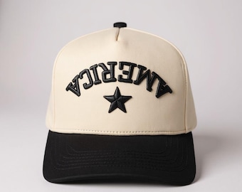 America Backwards Upside Down Hat Patriotic Baseball Cap, 4th of July Trucker Hat | Black Cream Two Tone USA Hat | Trendy American Flag Star
