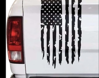 Distressed American Flag Tailgate Decal – 12x20 Black Vinyl Truck Sticker – Patriotic USA Car Decal for Pickup SUV Rear Window or Tailgate