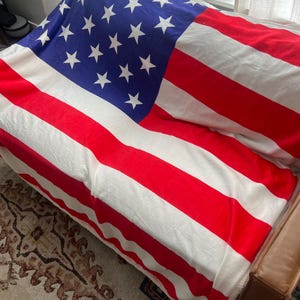 May include: A red, white, and blue American flag blanket draped over a brown leather couch.