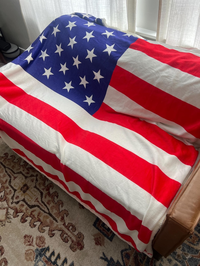 May include: A red, white, and blue American flag blanket draped over a brown leather couch.