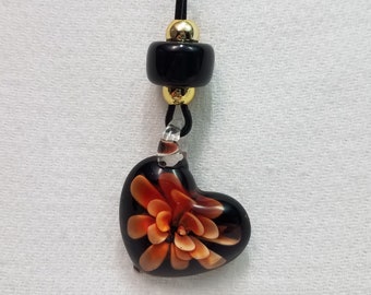 Peach 'n' Orange Flowery Heart Glass Pendant Necklace III - Free Shipping within the U.S.
