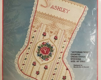 Victorian Rose Counted Cross Stitch Bucilla Christmas Holiday Stocking