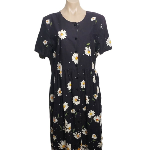 Vintage Cottagecore Black Daisy Summer Print Dress On The Verge Size Large Button Down Maxi