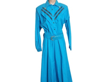 Vintage Lilia Smitty Exclusive Western Cowgirl Rodeo Turquoise Dress Size 11/12 Long Sleeve