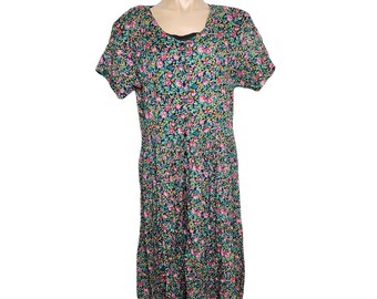 Vintage 90s Grunge Floral Maxi Dress Button Front Size M Black Pink Floral Boho Hippie Dress