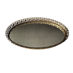 Vintage Gold Tone Ornate Floral Oval Vanity Dresser Mirror Tray Perfume Makeup Hollywood Glam