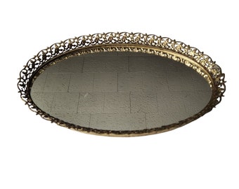 Vintage Gold Tone Ornate Floral Oval Vanity Dresser Mirror Tray Perfume Makeup Hollywood Glam