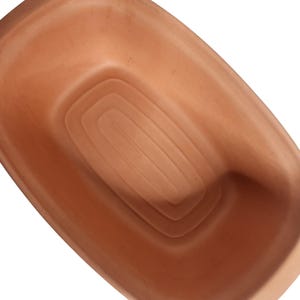 May include: A terracotta-colored, rectangular planter with a rounded shape. The interior features concentric, raised ridges. The planter's smooth surface and warm hue suggest a natural, earthy aesthetic, suitable for various plants.