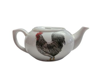 Vintage Rooster Print Cordon Bleu BIA Porcelain White Teapot