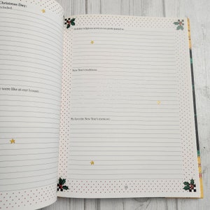 May include: A blank page from a holiday journal with red and white polka dots and a holly border. The page has lines for writing and the text "Holiday religious services we participated in:", "New Year's traditions:", and "My favorite New Year's memory:".