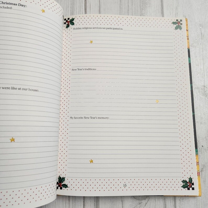 May include: A blank page from a holiday journal with red and white polka dots and a holly border. The page has lines for writing and the text "Holiday religious services we participated in:", "New Year's traditions:", and "My favorite New Year's memory:".