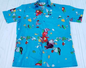 Vintage Hilo Hattie Hawaiian Aloha Bright Blue Shirt Short Sleeve Button Front Cotton Sea Shells Large
