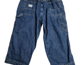 Jeans capri da donna modello baggy da skater, blu medio, modello Y2K Riveted by Lee, taglia 14.