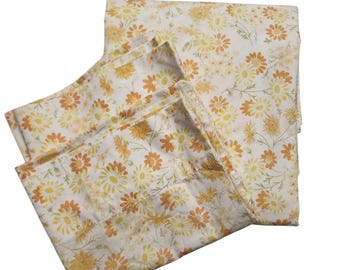 Vintage Yellow Orange Daisy Flower Floral Flat Sheet Double and Pillowcases Set