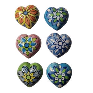 World Market Ceramic Heart Key/Coat Knobs For Hook Replacements Painted Floral Set