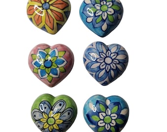World Market Ceramic Heart Key/Coat Knobs For Hook Replacements Painted Floral Set
