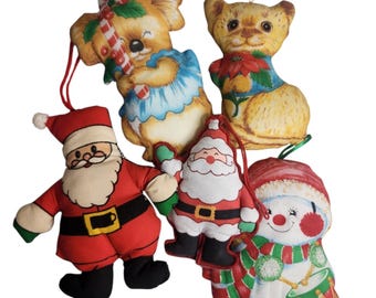 Vintage Sewn Handmade Fabric Fluffy Ornaments Santa and Snowman