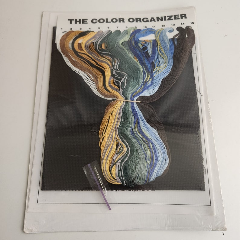 Op de afbeelding: Een zwart-witte kruissteekset met een verscheidenheid aan gekleurde draden, een naald en een genummerd raster. De set is ge&euml;tiketteerd met "The Color Organizer" en bevat de nummers 1 tot en met 15.
