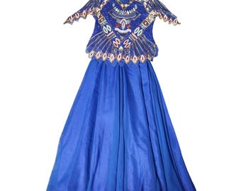 Vintage 100% Seide Hand Perlen Blau Top Bluse Flowy Rock Set Größe 12