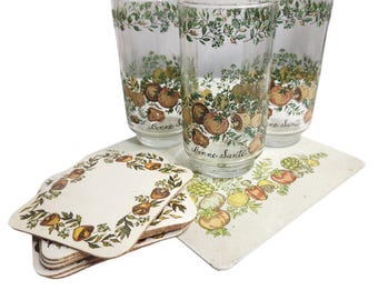Vintage Libbey Corning Ware Bonne Sante Spice Of Life Tumblers Coasters Trivet