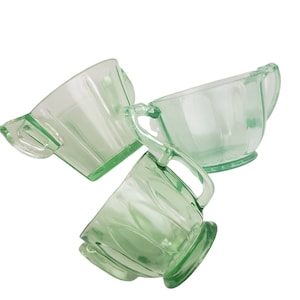 Uranium Green Depression Vaseline Glass Sugar Mug Bowls Double Handle Lot of 3